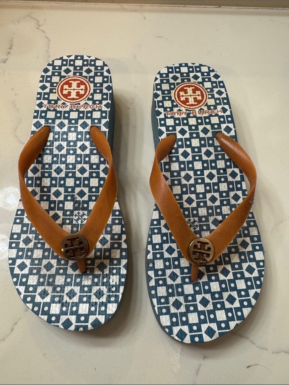 Tory Burch Women’s Tan Logo Flip Flops with Patterned Footbed